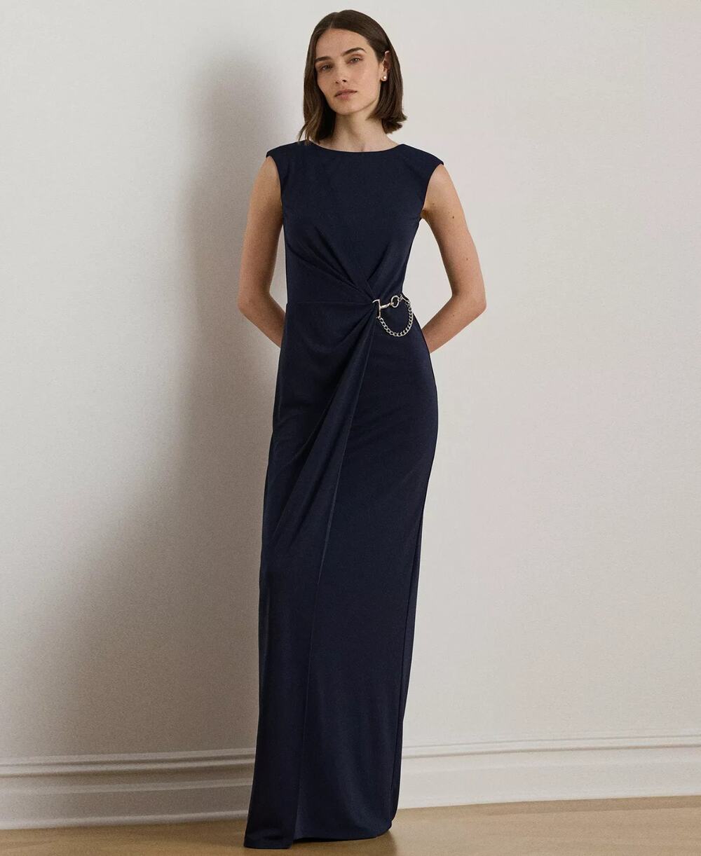 Lauren Ralph Lauren Women's Chain-Trim Cap-Sleeves Gown Navy Size 14 3895